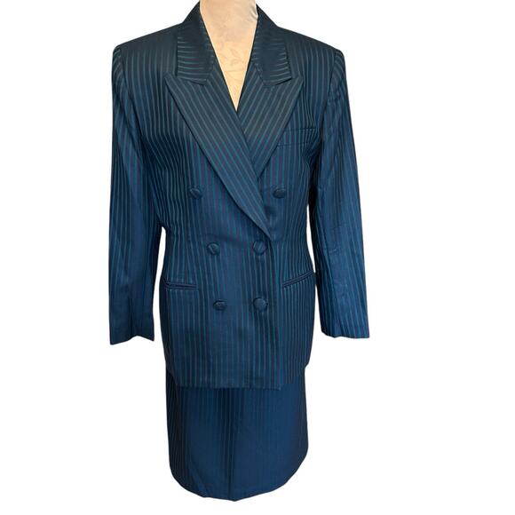 Jones New York Jackets & Blazers - JONES NY Women's Blue Green Striped 100% Wool Double Breasted Skirt Suit Size 12